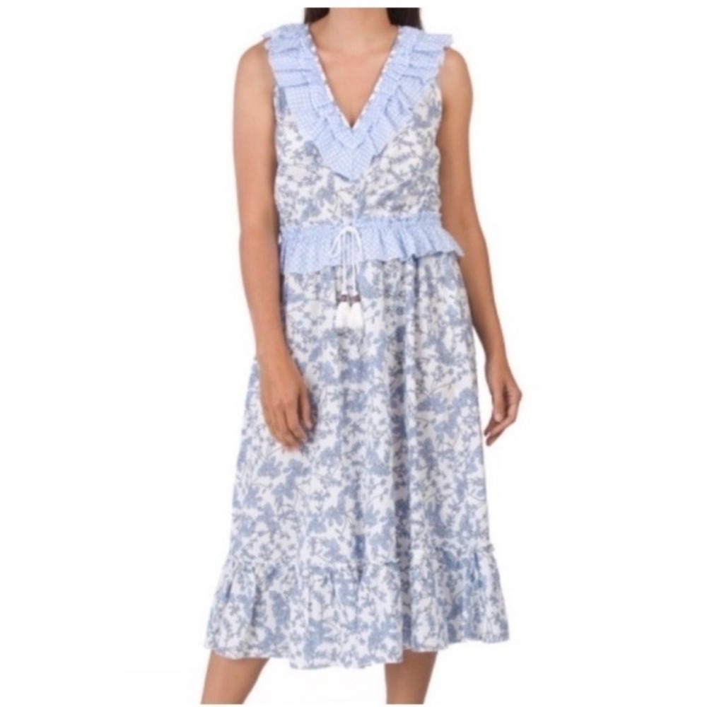 Anthropologie MAGARI Dress Blue Floral Ruffle Tier Boho Midi Size S Cotton Italy